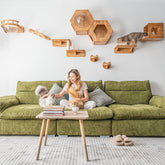 Woman sitting on a green sofa with pets in a room featuring wooden pet shelves.