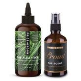 Two bottles of Pride & Groom pet care products on a white background