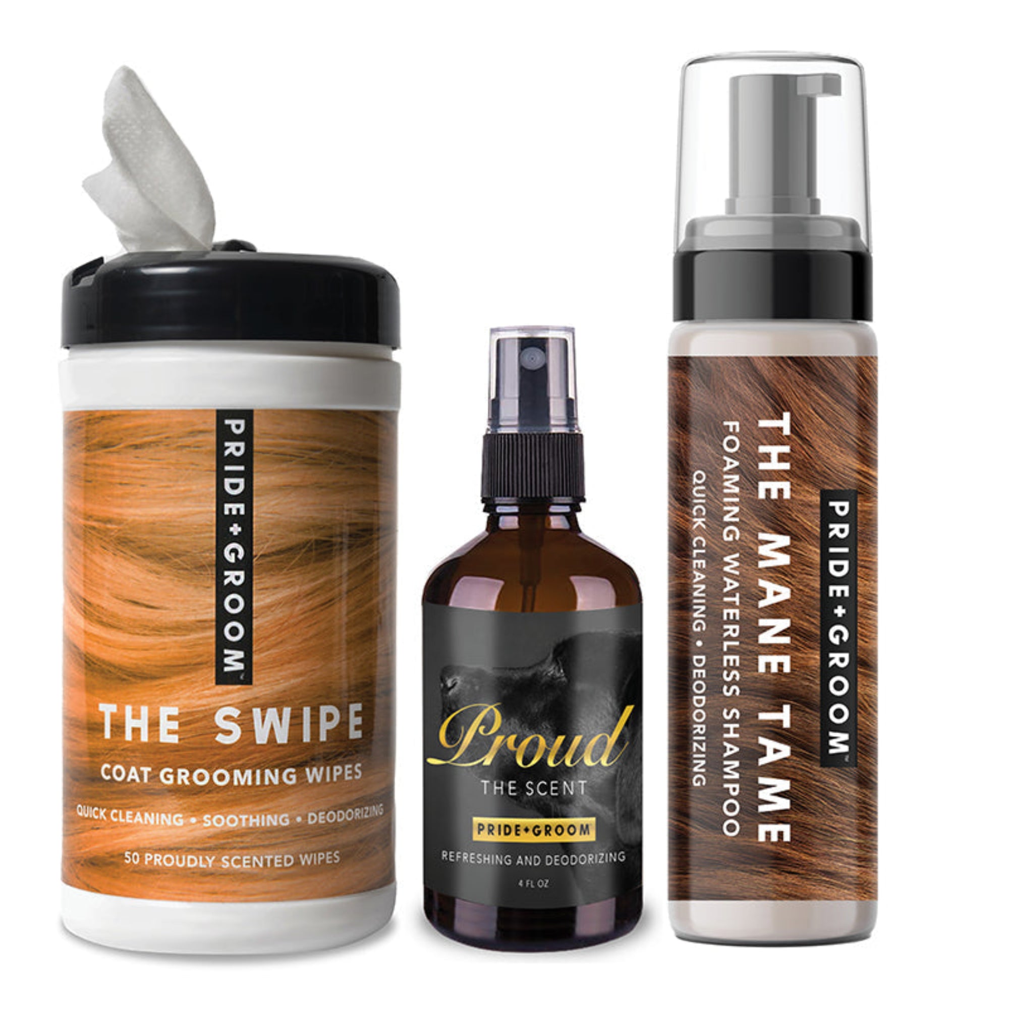 Set of Pride & Groom grooming products including wipes, shampoo, and spray on a white background.