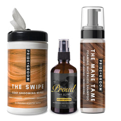 Set of Pride & Groom grooming products including wipes, shampoo, and spray on a white background.