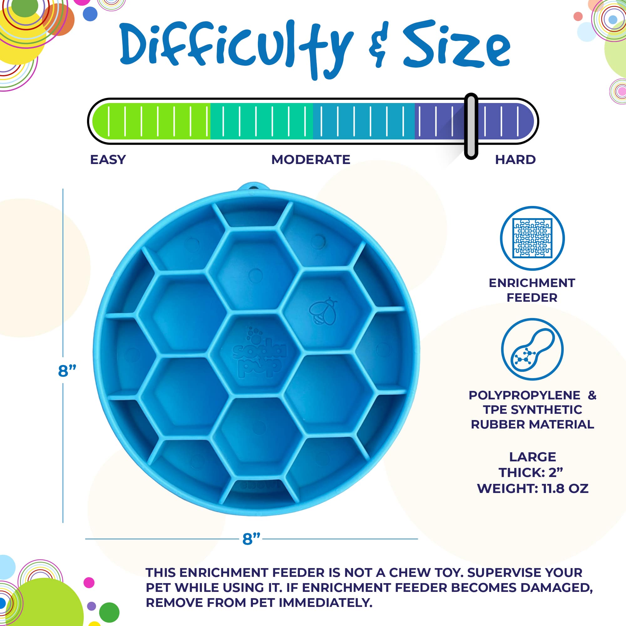 Blue honeycomb-shaped enrichment feeder with size and difficulty rating information on a colorful background.