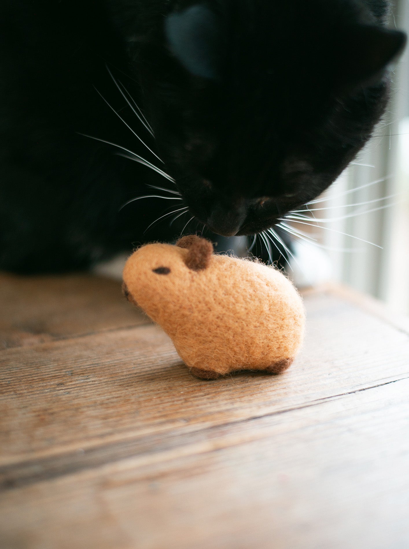 Black cat sniffing a small brown plush toy on a wooden surface