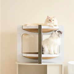 A two-tier cat tree with a white frame and natural wood platforms, featuring a vertical sisal-wrapped scratching post. Two long-haired cats are present: one resting on the top platform and one looking up from the bottom platform.